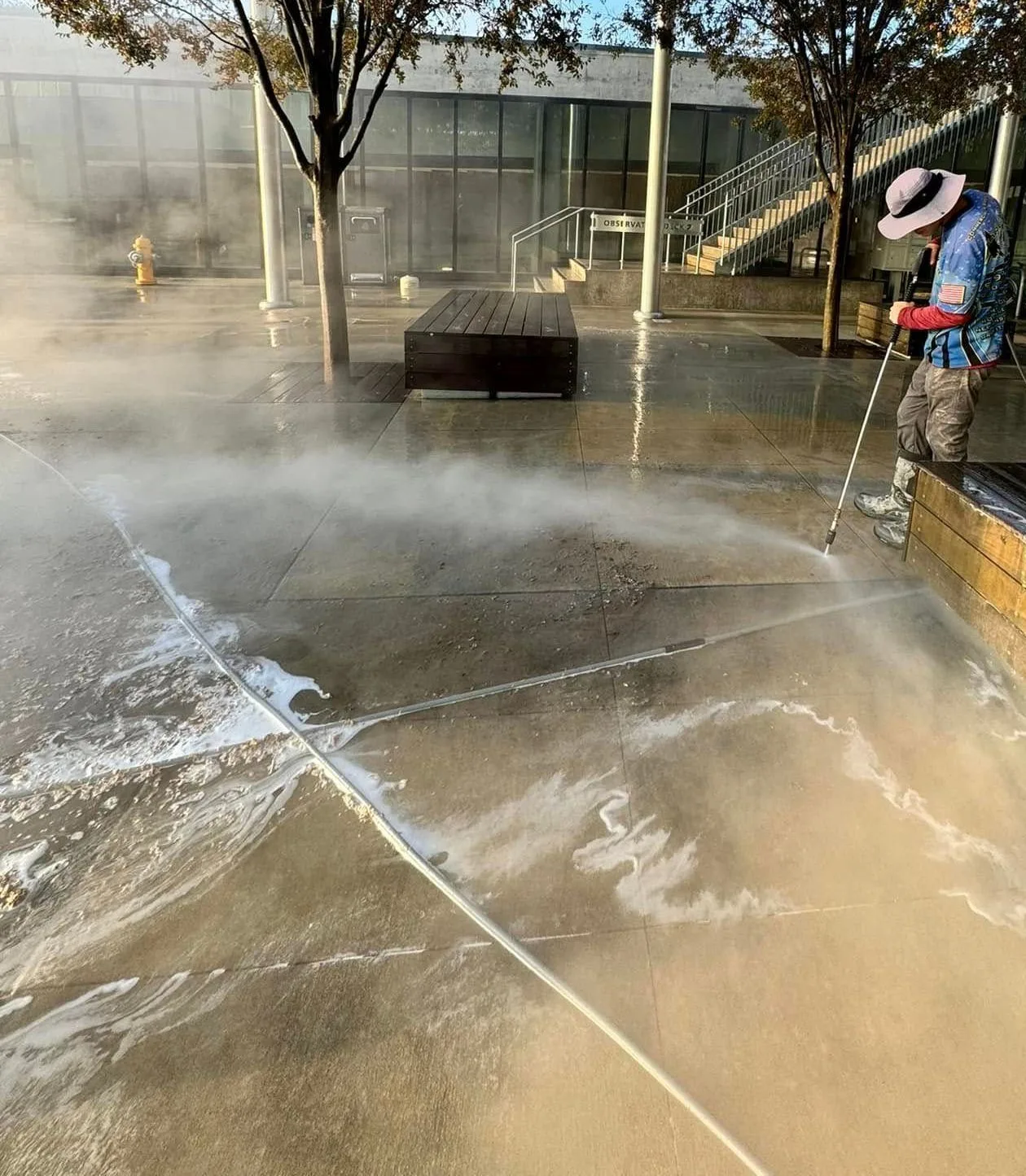 Concrete surface cleaning in progress